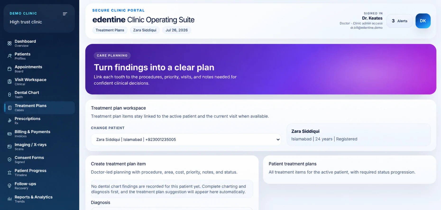 eDentine phased dental treatment plan with costs and progress